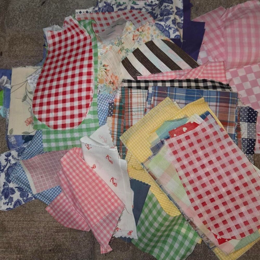 Vintage Fabric Scrap Lot – Gingham, Calico Florals, Plaid Craft cottagecore